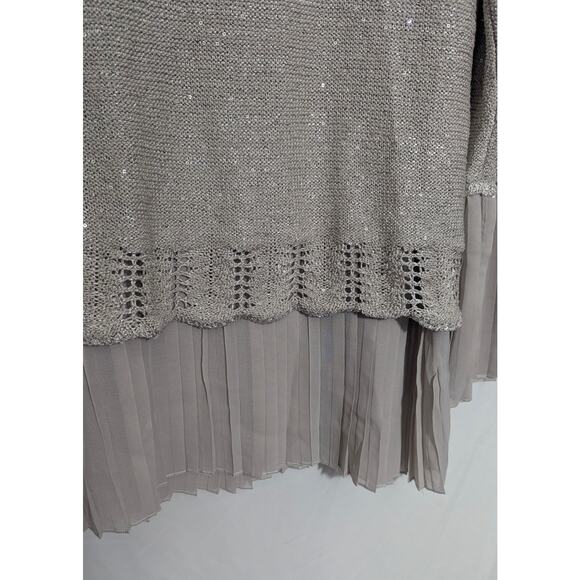 Sioni Gray Beige Sequin Knit Pleated Trim Sweater Size Large - Picture 2 of 5